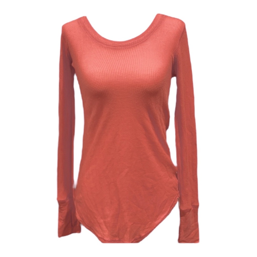 Coral Henley top with thumb hole sleeves